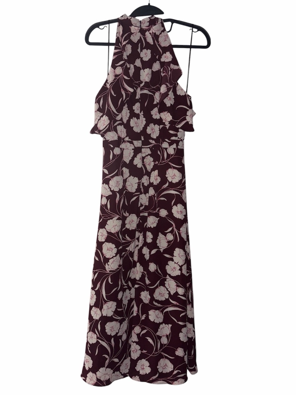 LC Lauren Conrad Ruffle Burgundy Floral Halter Midi Dress Size 4 - Picture 3 of 8